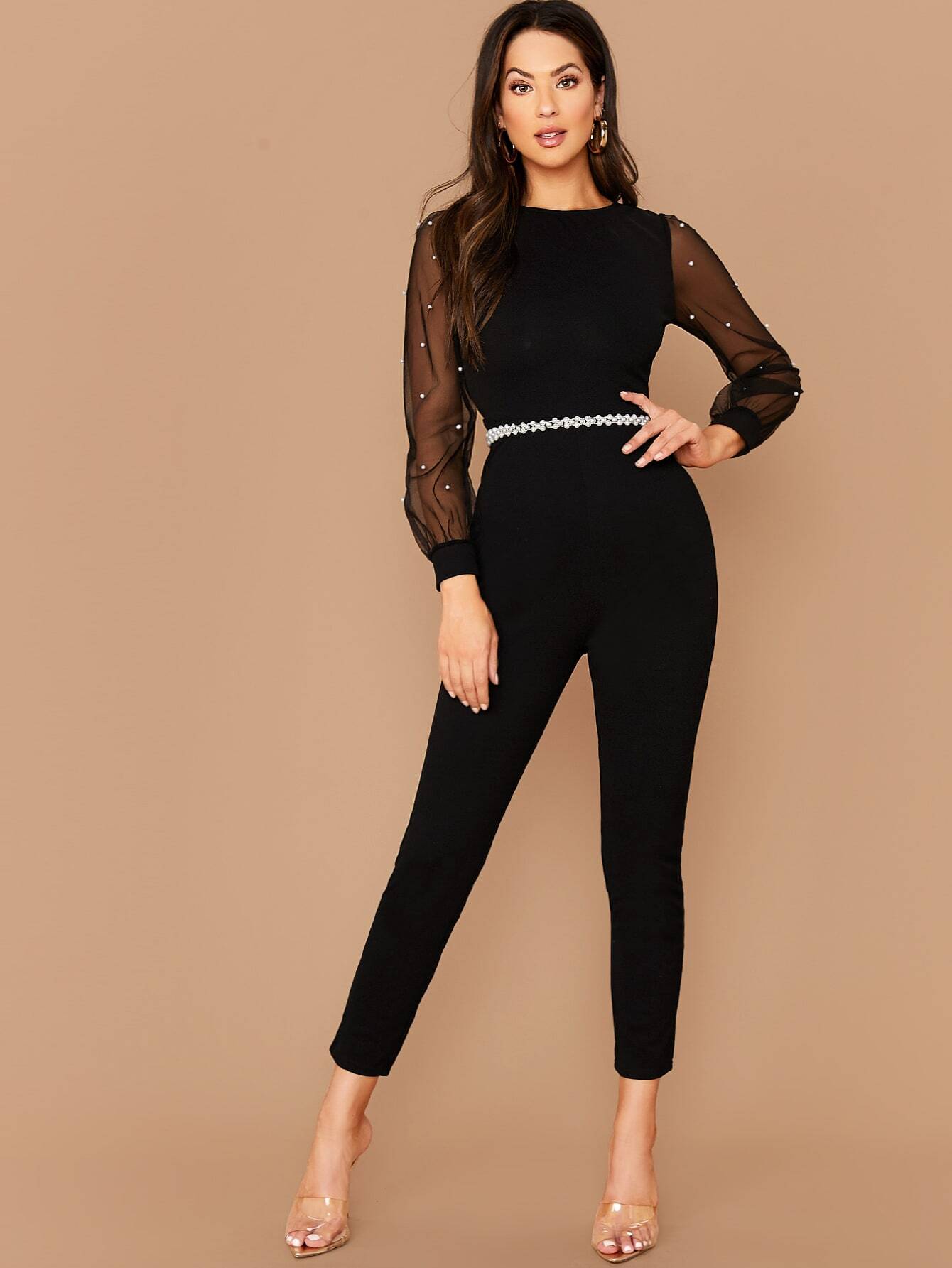 Doriana - Tuta Aderente Elegante Perle Manica Donna