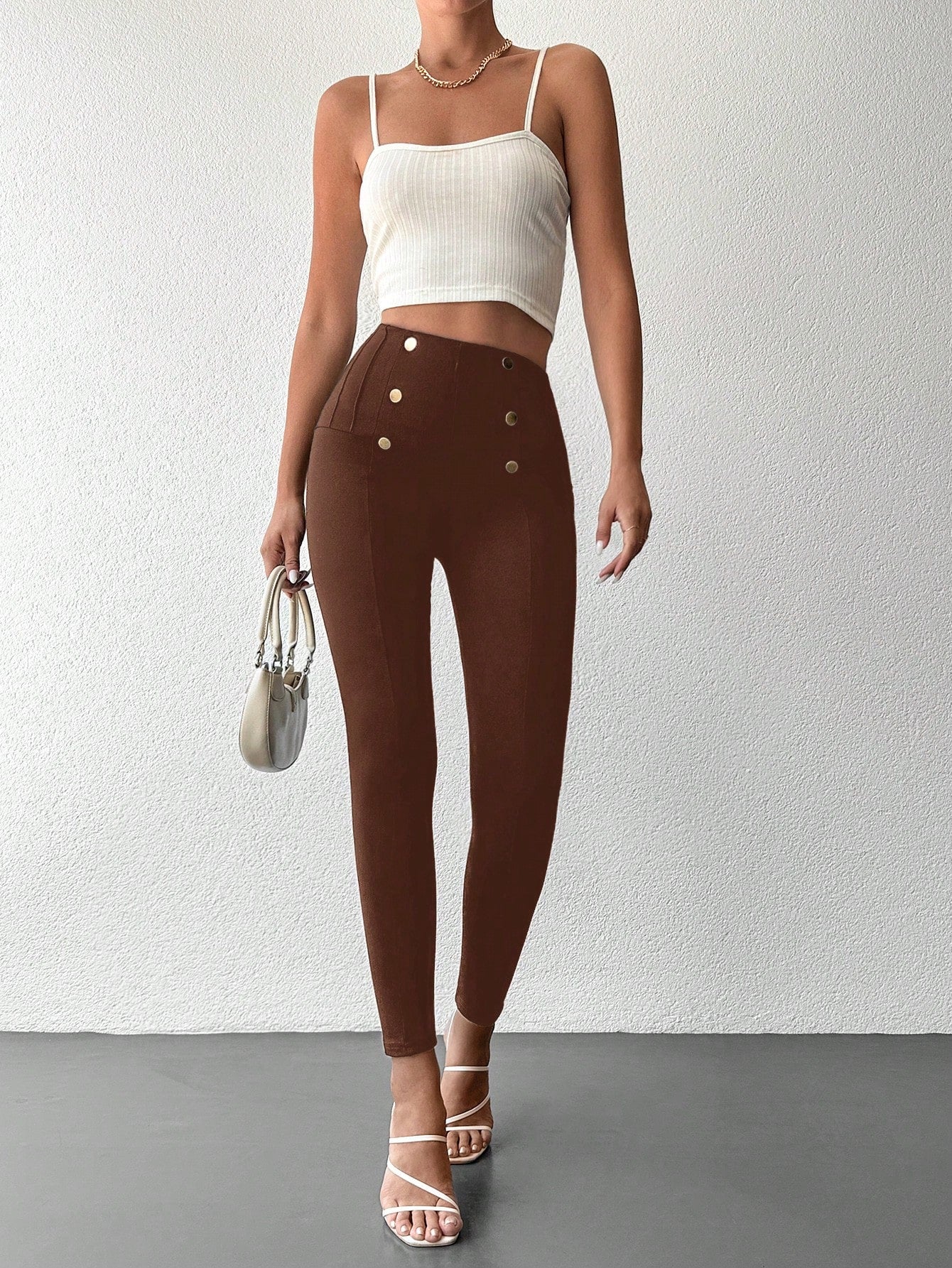 Desideria - Pantaloni Aderenti Vita Alta Bottone Donna
