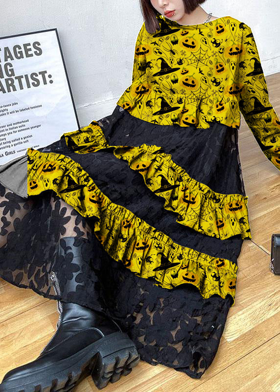 Siria - Vestito boho nero in pizzo con volant donna