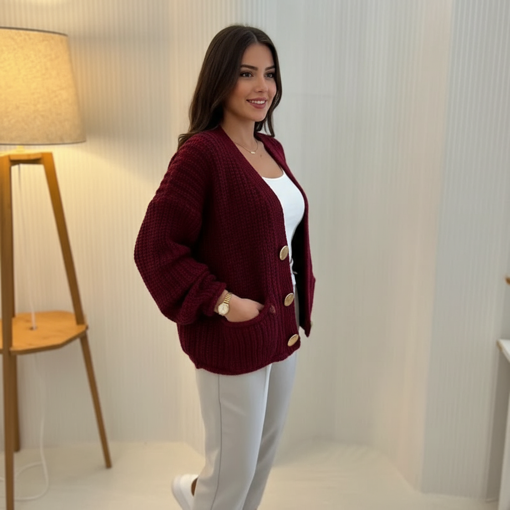 Lara – Cardigan in Maglia Grossa Bordeaux con Bottoni