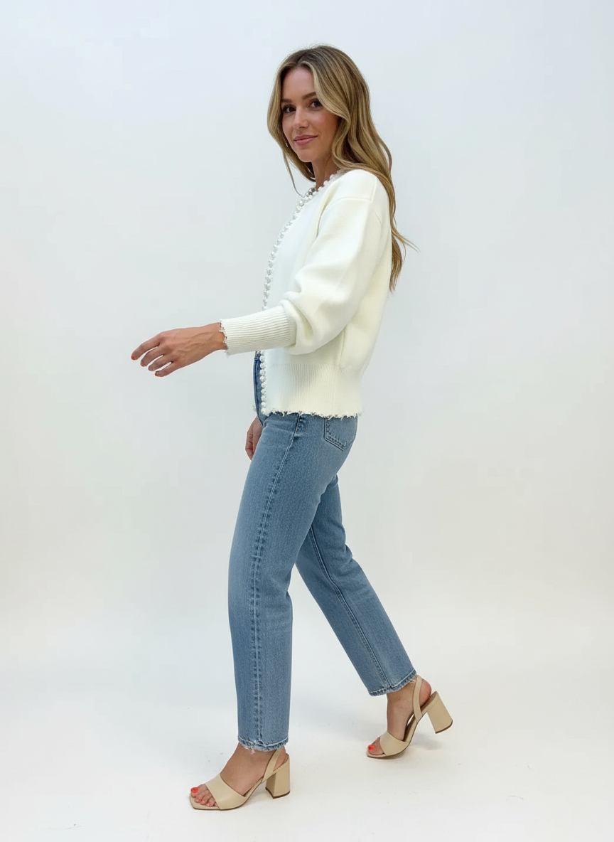 Ildegarda - Cardigan aperto elegante con dettagli di perle