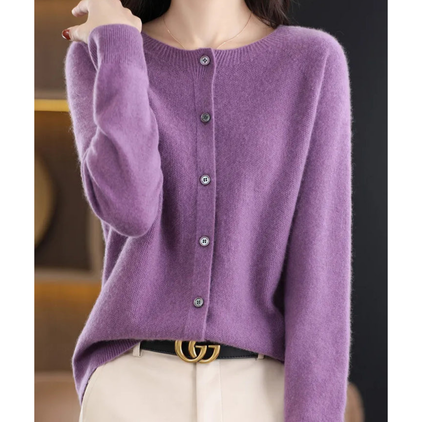 Aurelia - Cardigan girocollo in pura lana merino donna