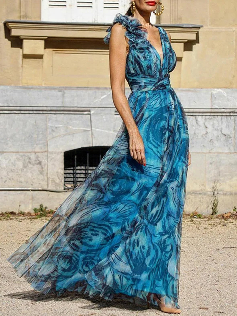 Ulalia - Abito lungo in tulle stampato elegante donna