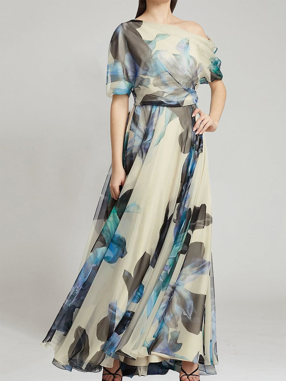 Ugolina - Abito lungo monospalla in chiffon stampato donna