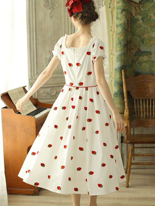 Miriam – Abito Vintage in Cotone con Ricamo Fragole e Maniche a Palloncino