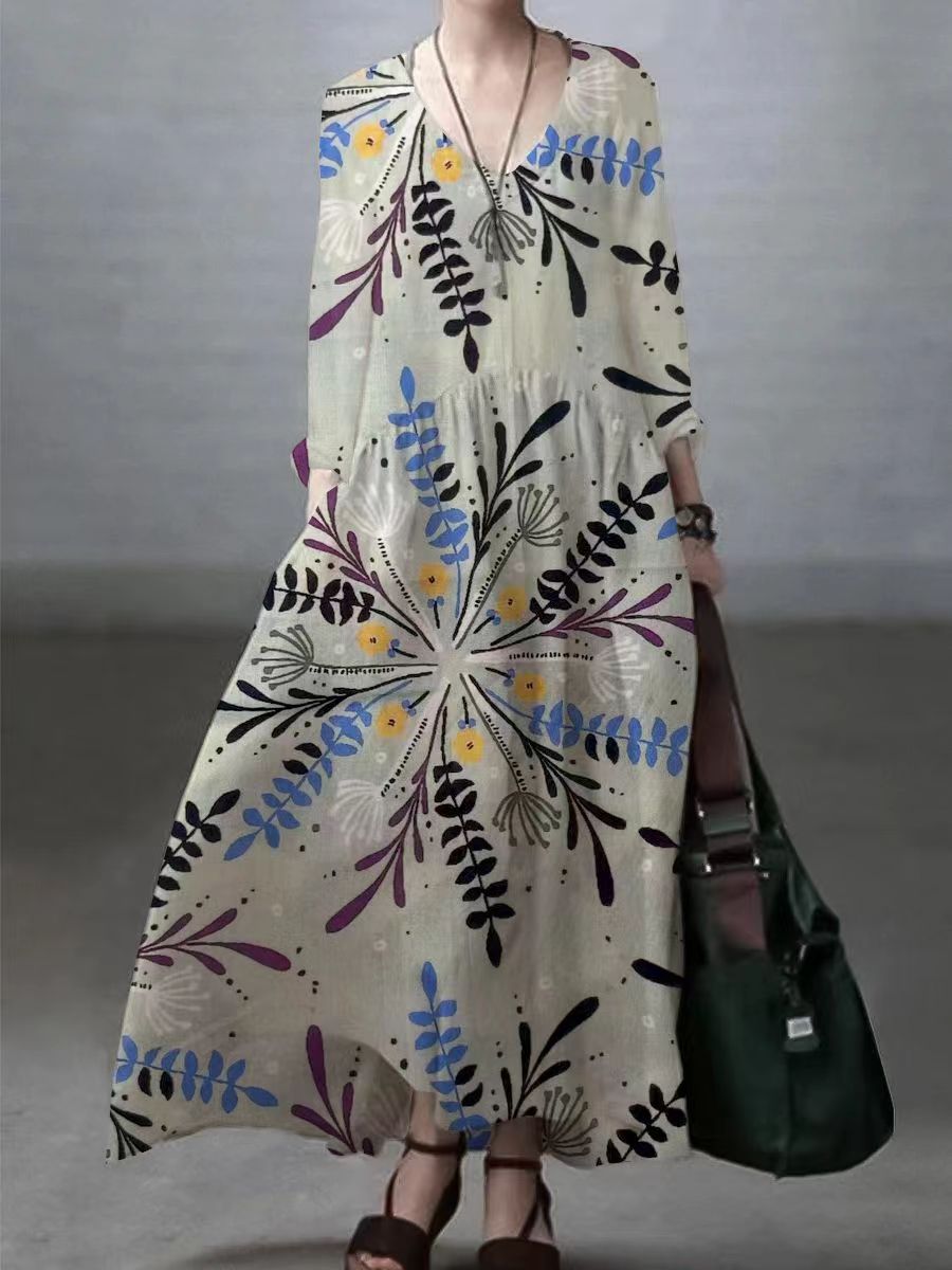 Silvana - Vestito ampio in cotone e lino con scollo a V donna