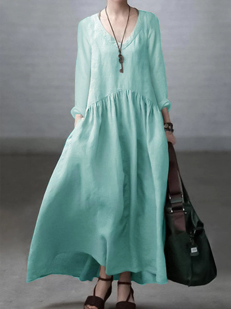 Silvana - Vestito ampio in cotone e lino con scollo a V donna