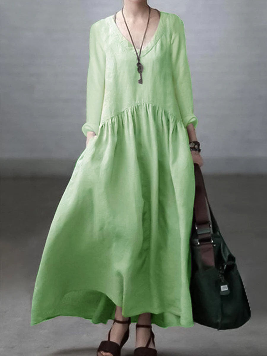 Silvana - Vestito ampio in cotone e lino con scollo a V donna