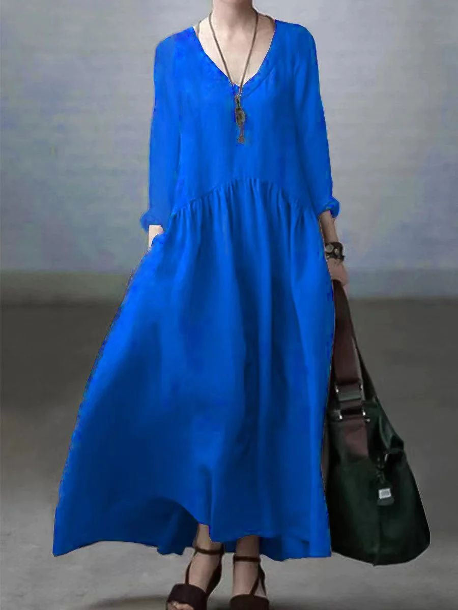 Silvana - Vestito ampio in cotone e lino con scollo a V donna