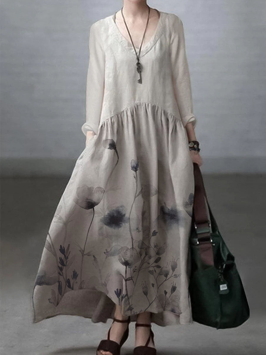 Silvana - Vestito ampio in cotone e lino con scollo a V donna