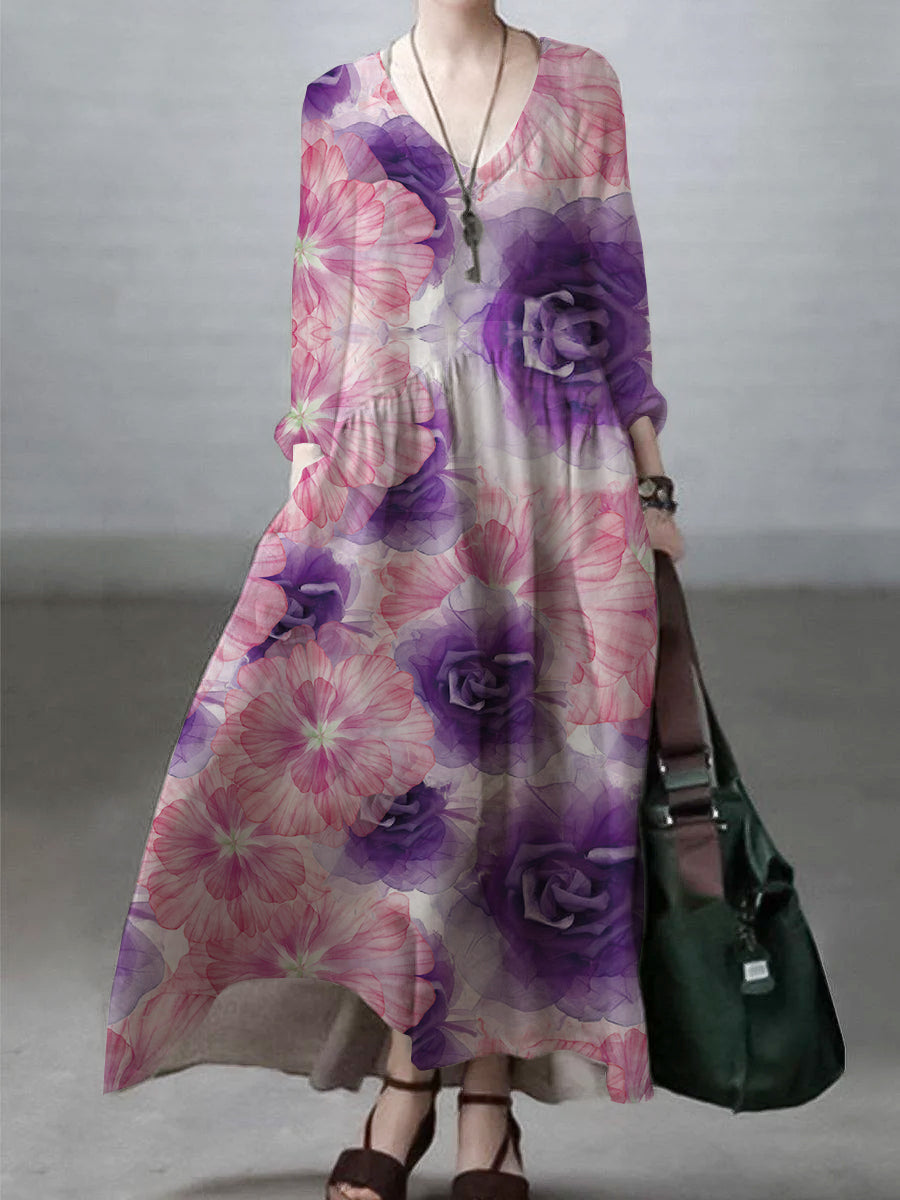 Silvana - Vestito ampio in cotone e lino con scollo a V donna