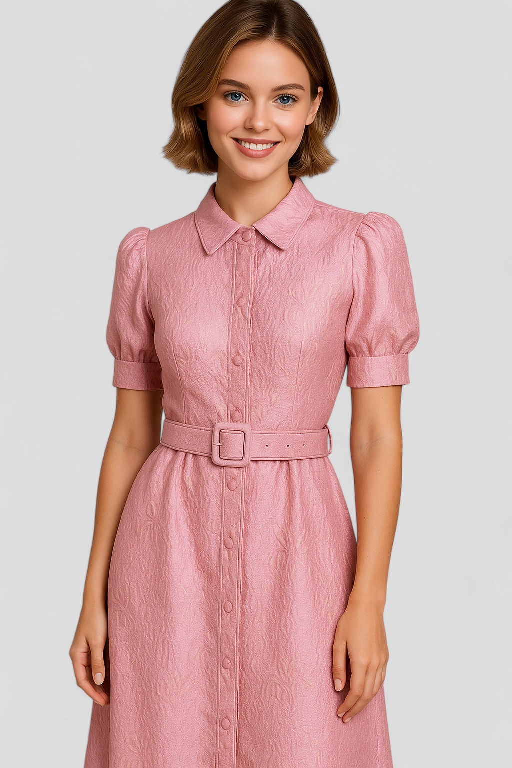 Imelda - Abito camicia lungo rosa in jacquard con fiori e cintura coordinata