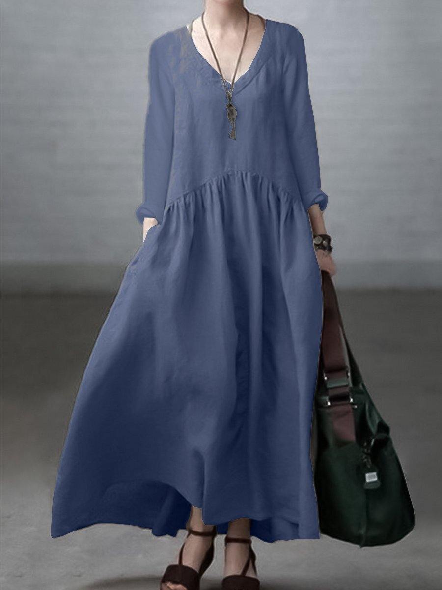 Silvana - Vestito ampio in cotone e lino con scollo a V donna