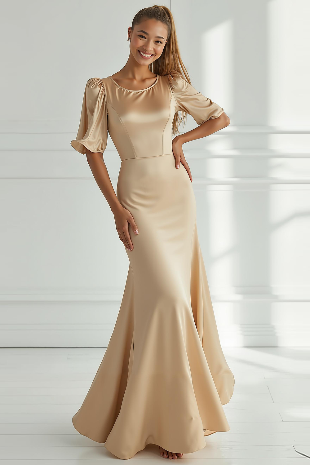 Urina - Abito lungo a sirena in raso champagne donna