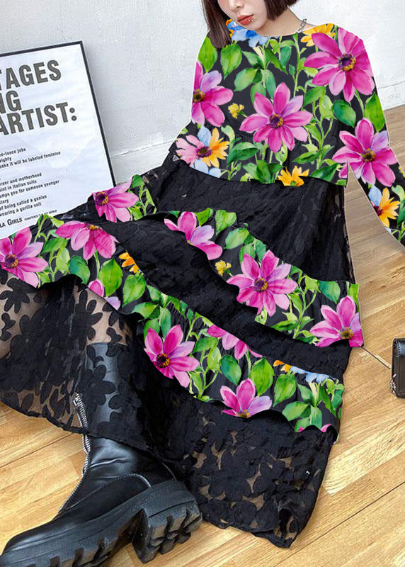 Siria - Vestito boho nero in pizzo con volant donna