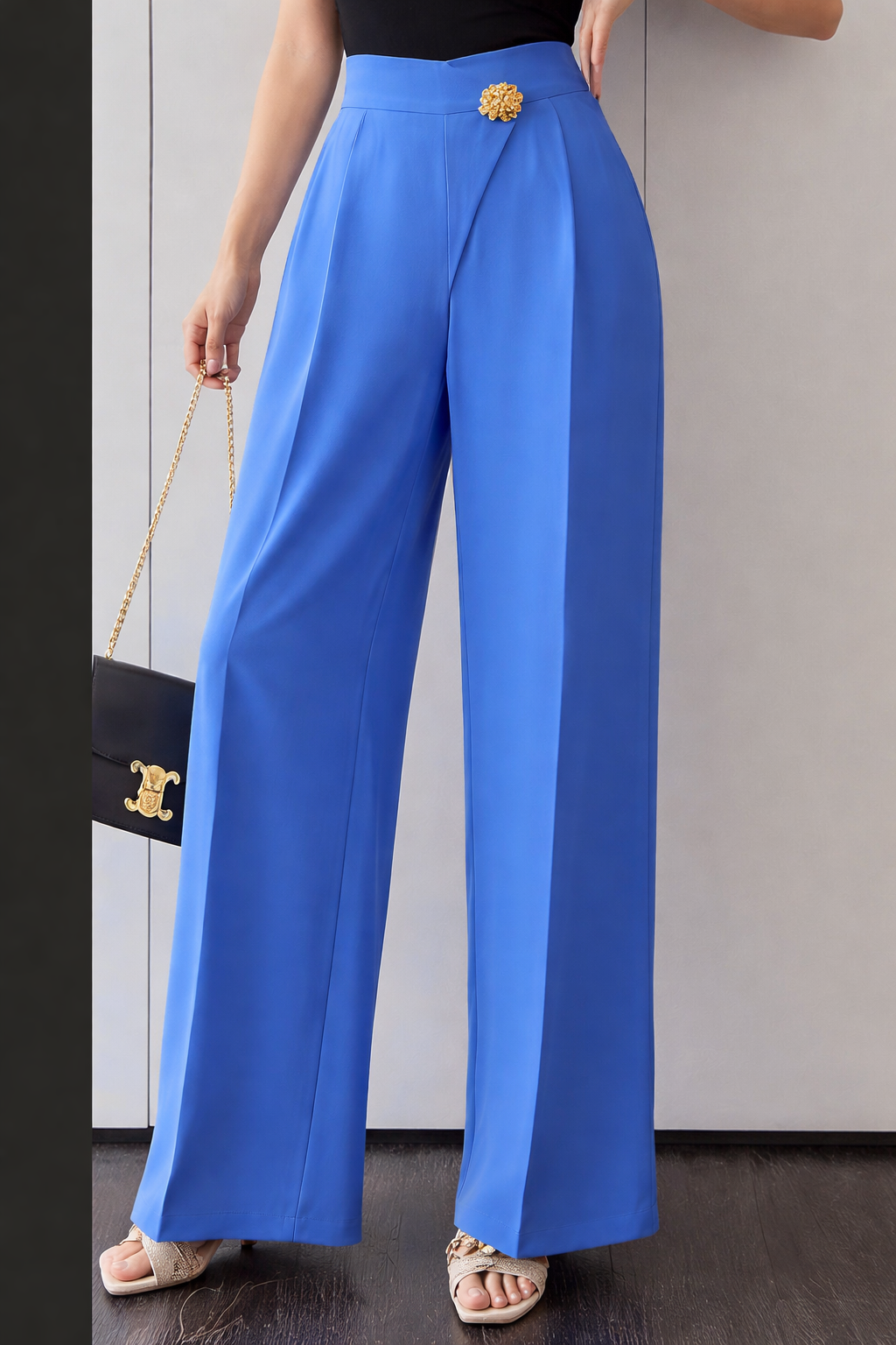 Carolina - Pantalone Palazzo Bottone Gioiello Celeste Donna