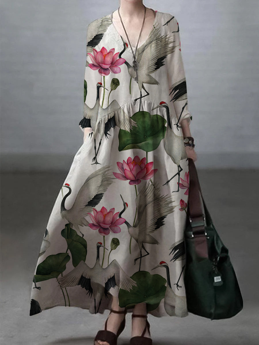 Silvana - Vestito ampio in cotone e lino con scollo a V donna