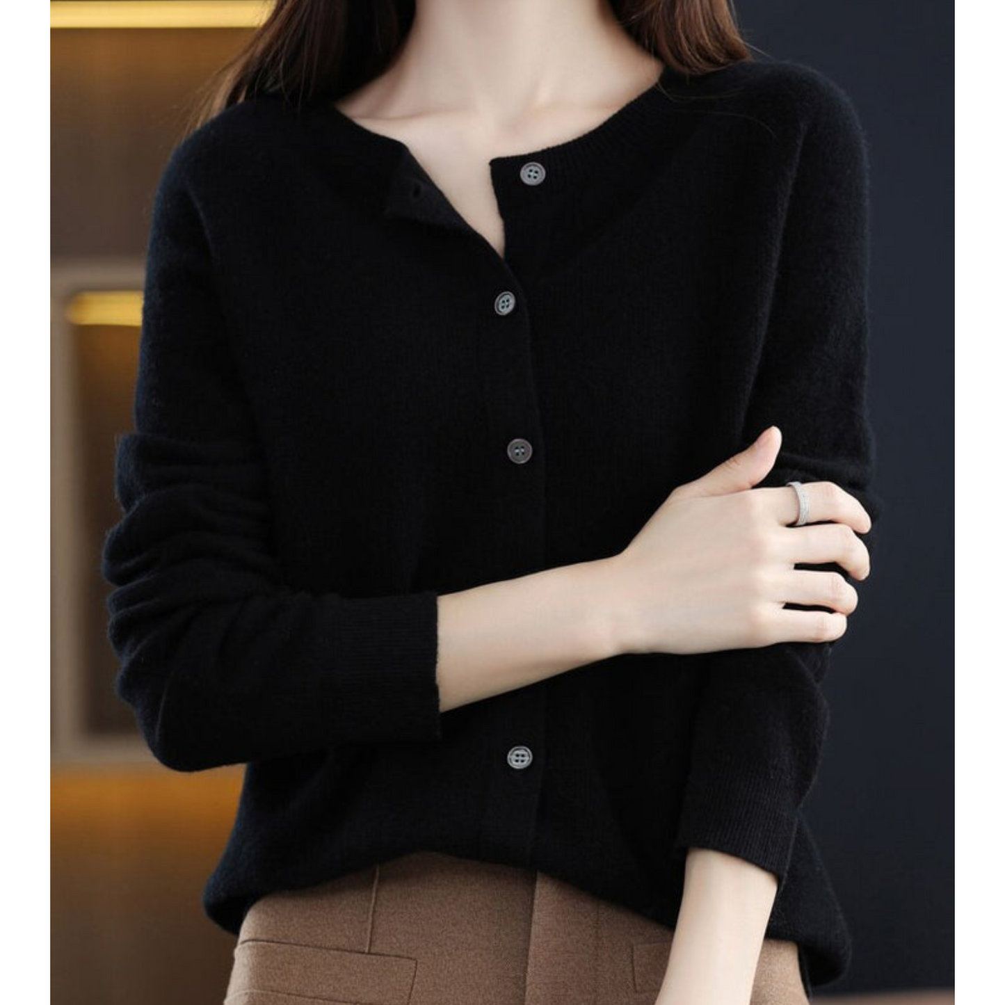 Aurelia - Cardigan girocollo in pura lana merino donna