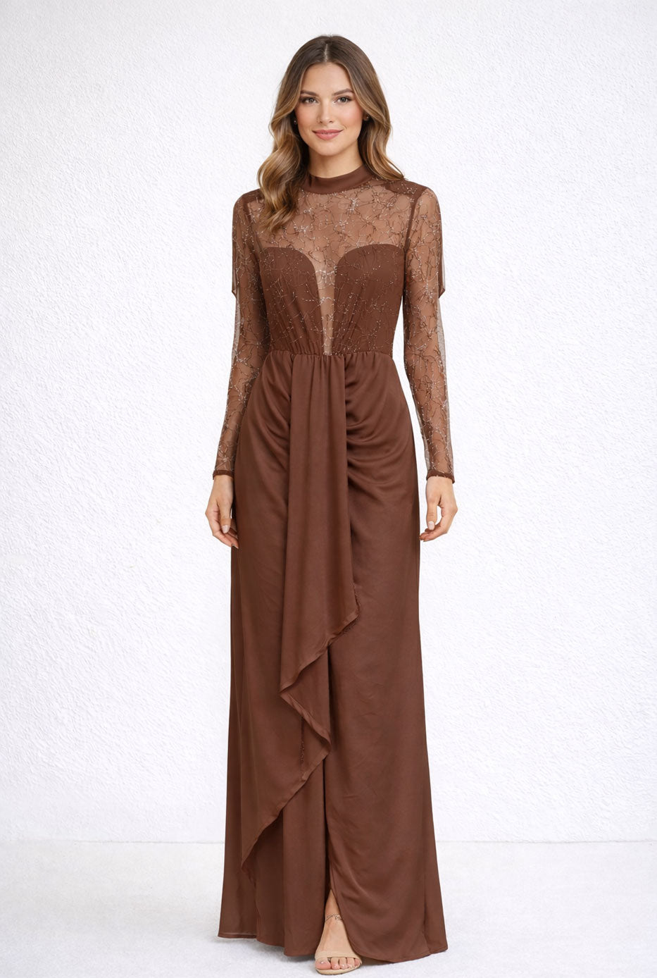 Costanza - Abito Lungo Tulle Ricamato Drappeggio Donna
