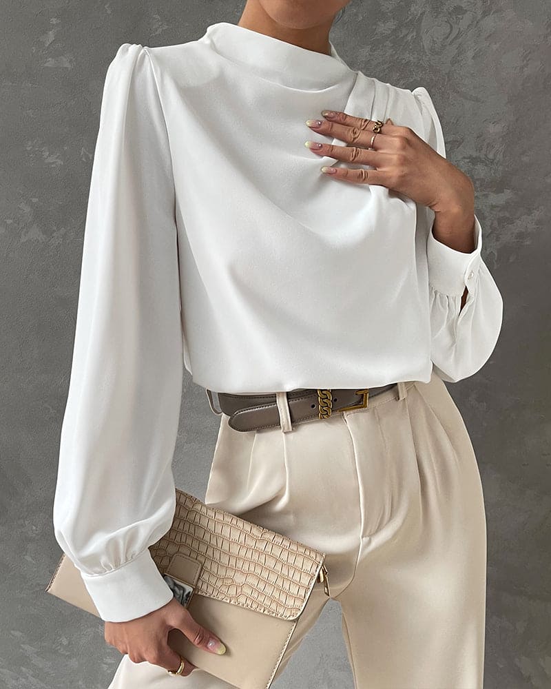 Teresa – Blusa Bianca con Rouches e Collo Alto