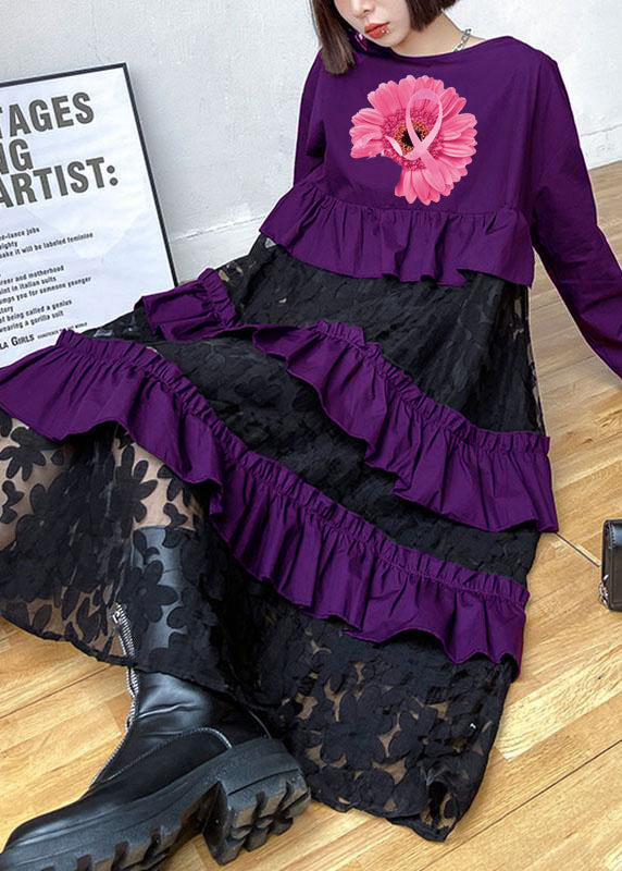 Siria - Vestito boho nero in pizzo con volant donna