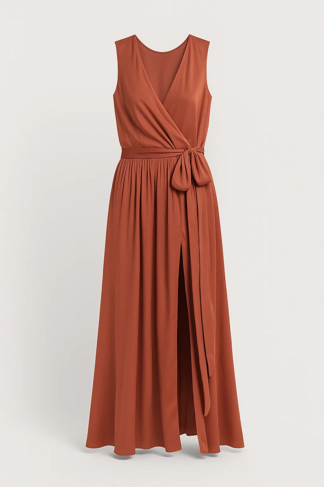 Serena – Abito Lungo Terracotta con Spacco e Cintura