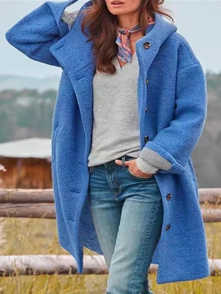 Anna – Cappotto Elegante Donna con Cappuccio Invernale Blu