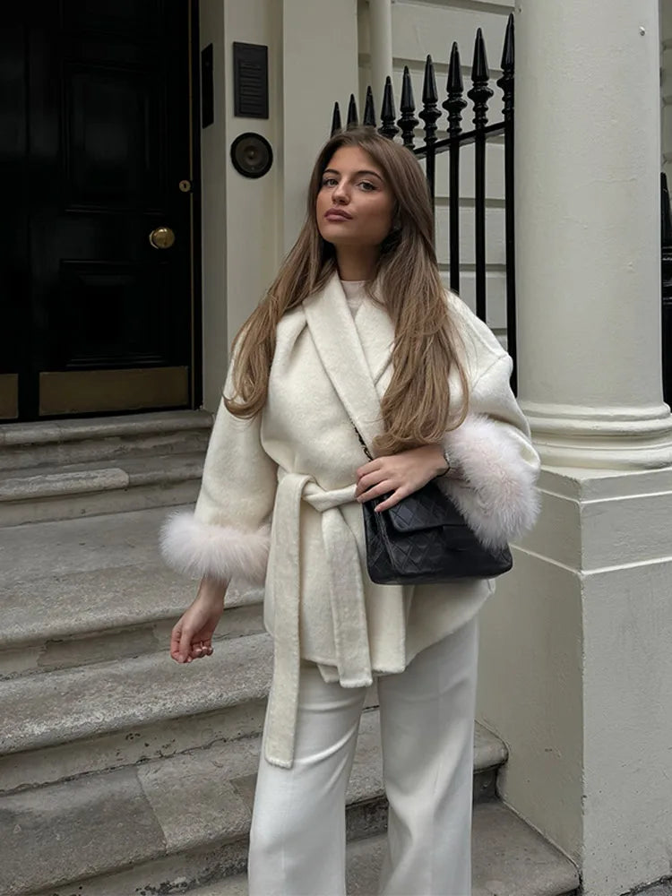 Antonia - Cappotto da donna in tweed con cintura e finto Bianco