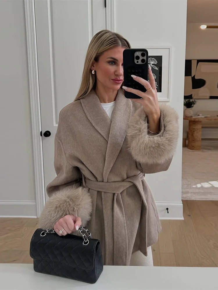Antonia - Cappotto da donna in tweed con cintura e finto Cachi
