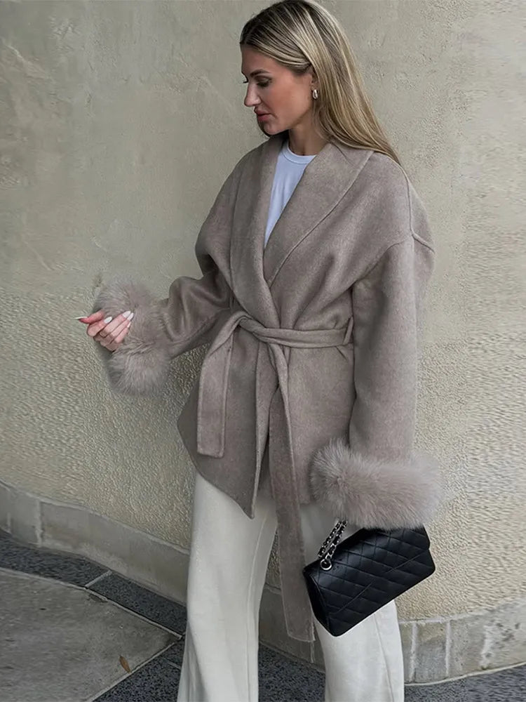Antonia - Cappotto da donna in tweed con cintura e finto Grigio