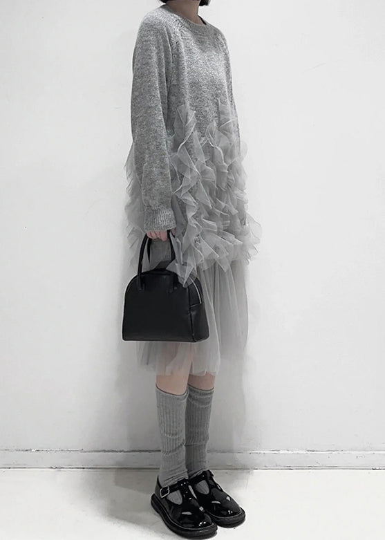 Seconda - Vestito grigio in tulle con volant donna