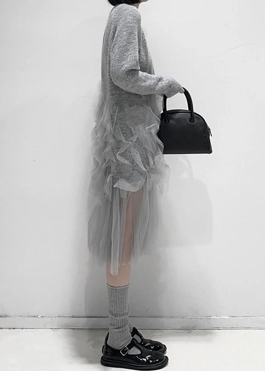 Seconda - Vestito grigio in tulle con volant donna