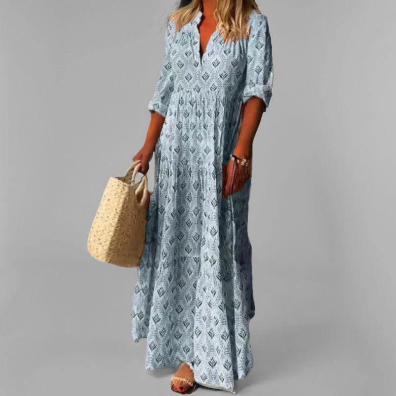 Artemide - Abito Lungo a Fantasia Boho con Vestibilità Ampia per Donna Blu