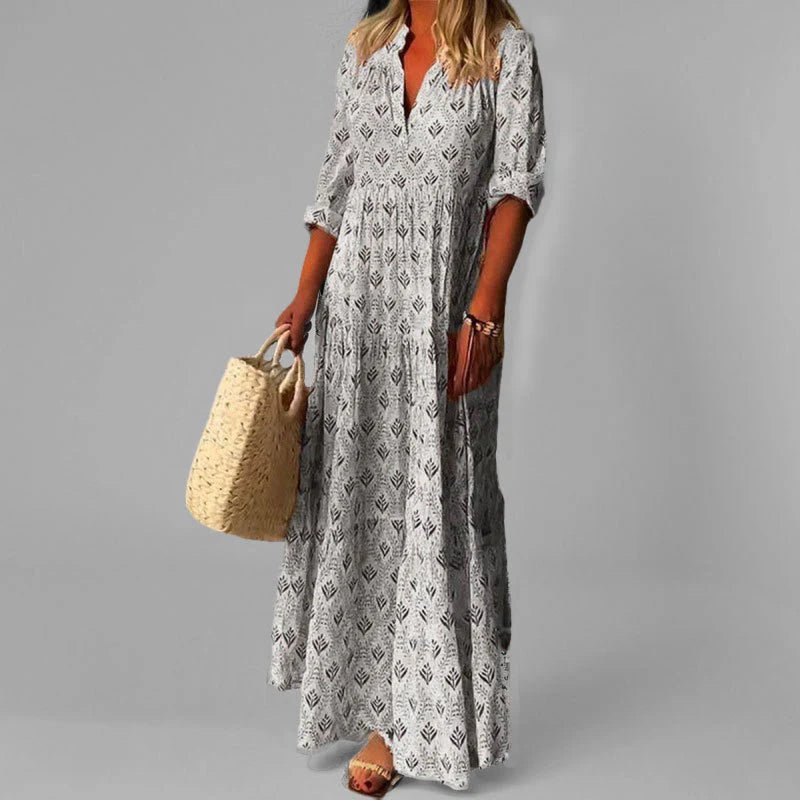 Artemide - Abito Lungo a Fantasia Boho con Vestibilità Ampia per Donna Grigio