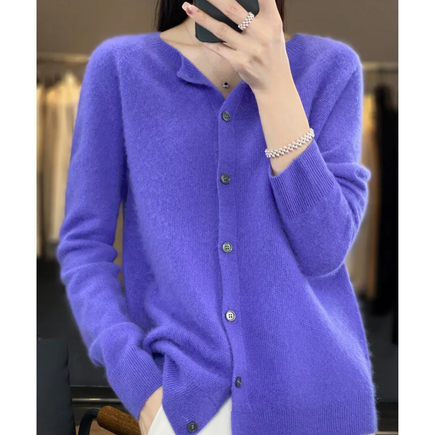 Aurelia - Cardigan girocollo in pura lana merino donna Blu scuro