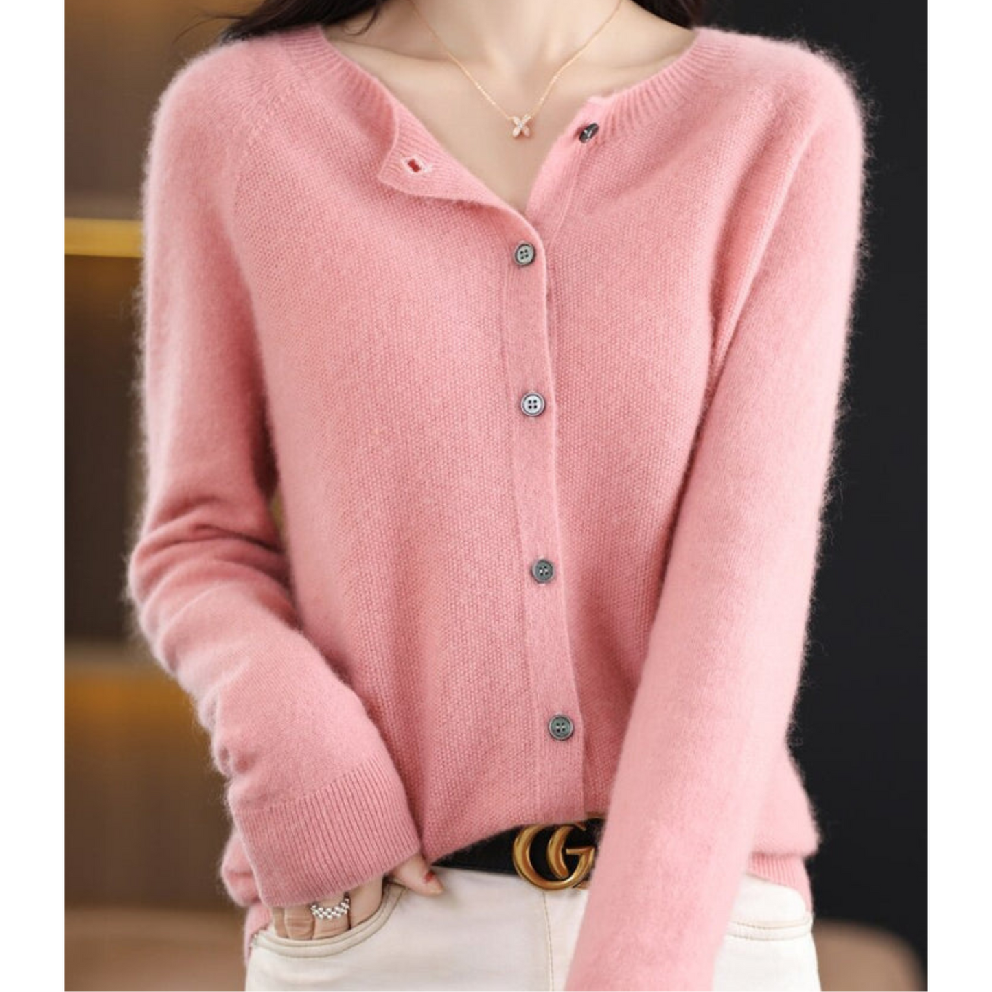Aurelia - Cardigan girocollo in pura lana merino donna Rosa chiaro
