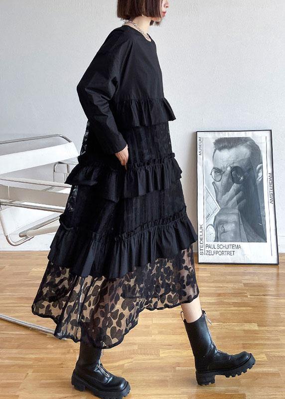 Siria - Vestito boho nero in pizzo con volant donna