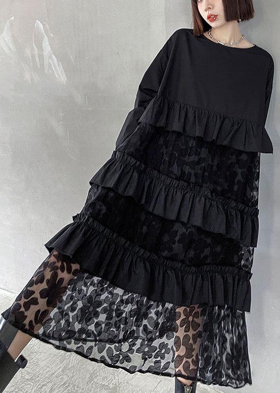 Siria - Vestito boho nero in pizzo con volant donna