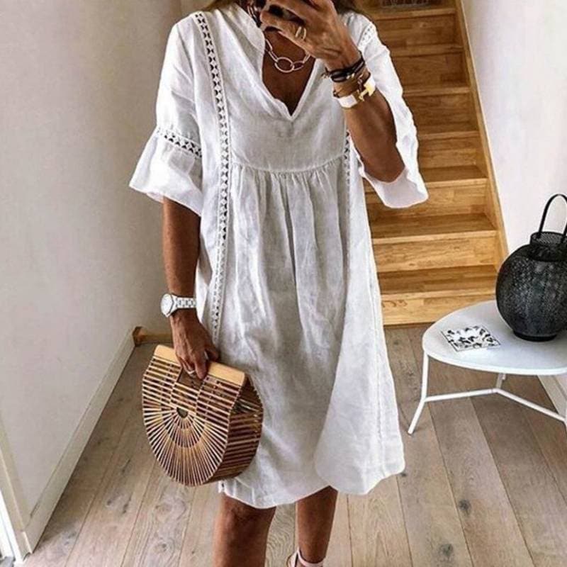 Carolina - Abito Boho Fluttuante con Dettagli in Pizzo Bianco