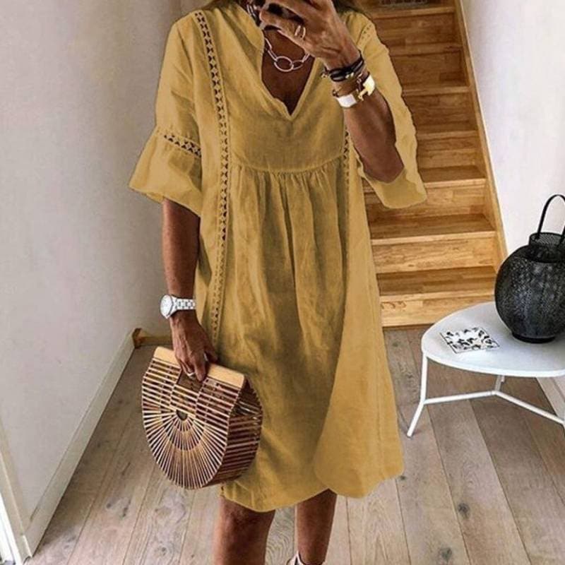 Carolina - Abito Boho Fluttuante con Dettagli in Pizzo Giallo