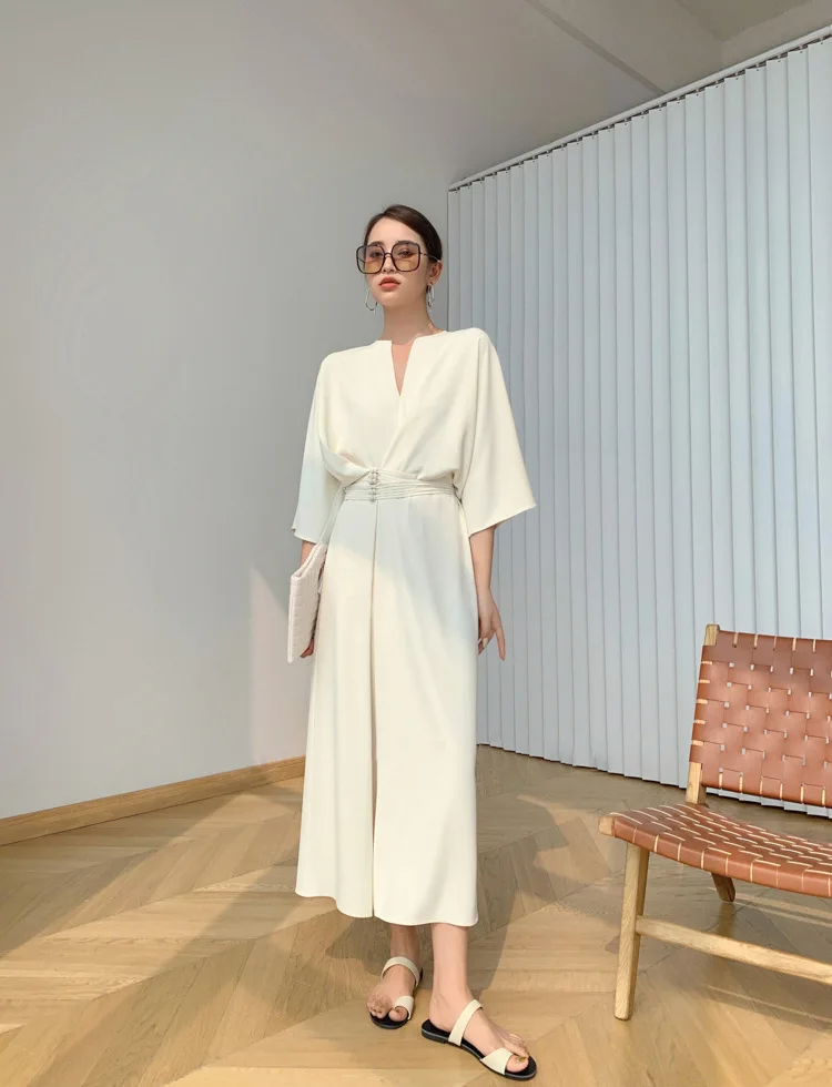 Celeste – Tuta Donna Elegante Autunnale in Crêpe Drappeggiato Bianco