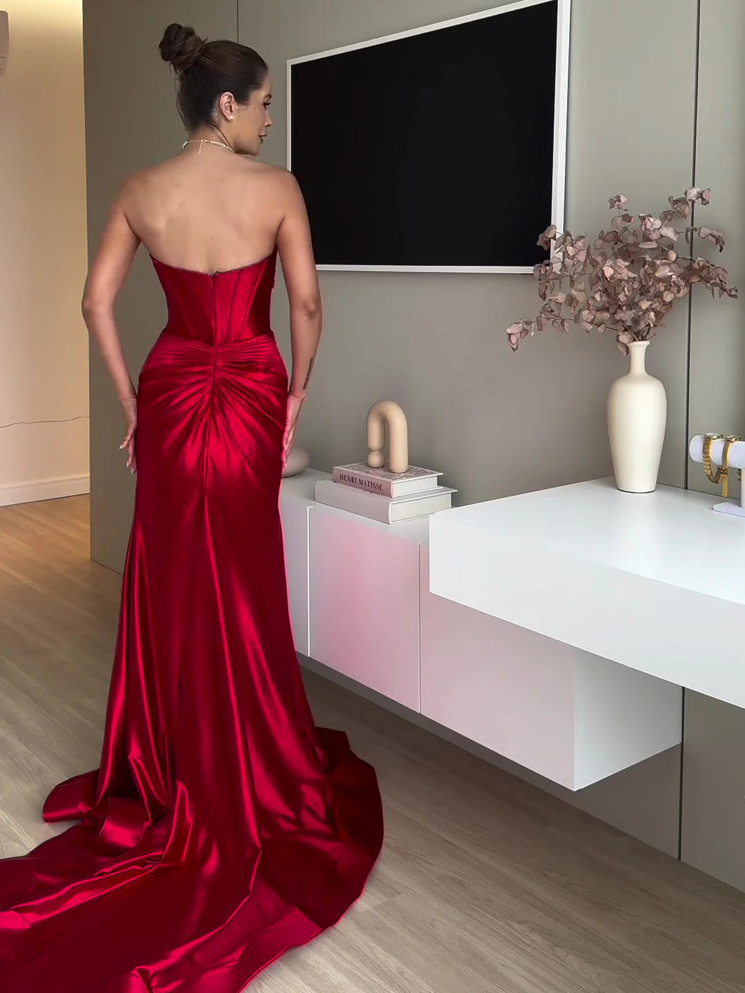Celestina - Abito da Sera Lungo con Spacco Alto Senza Spalline Rosso 2