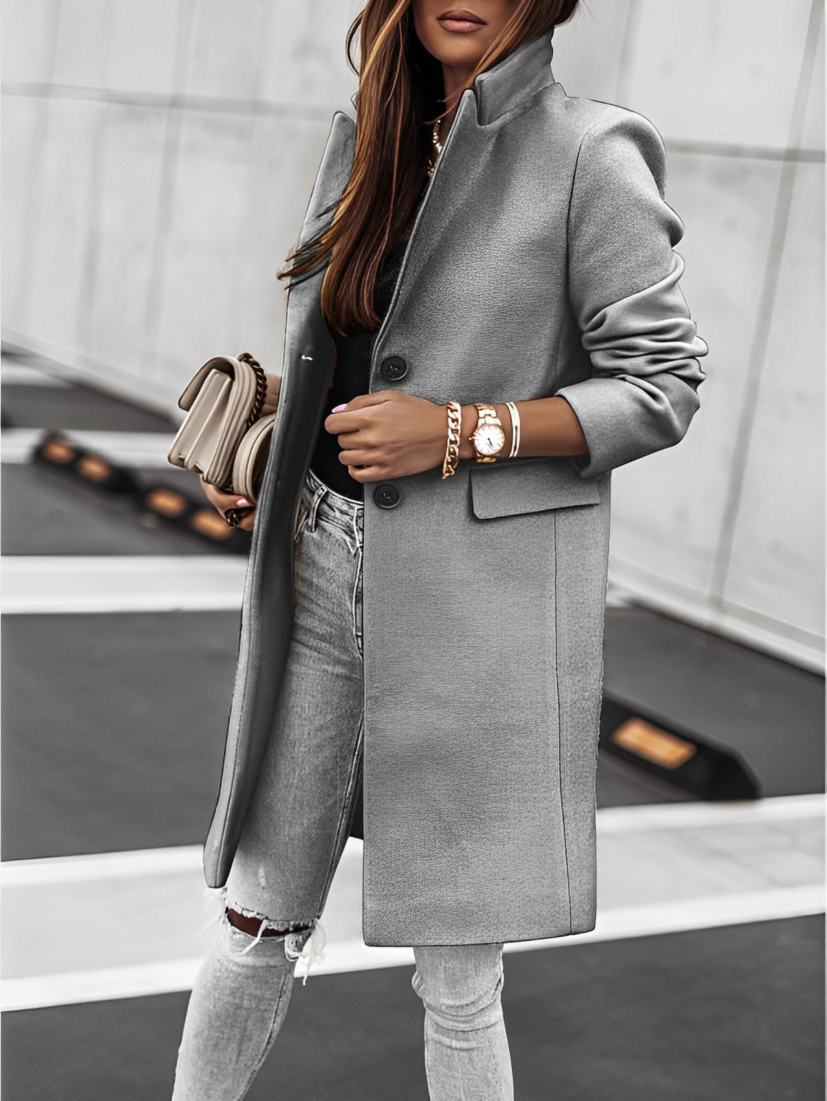 Chiara – Cappotto Donna Elegante Lungo a Due Bottoni Grigio