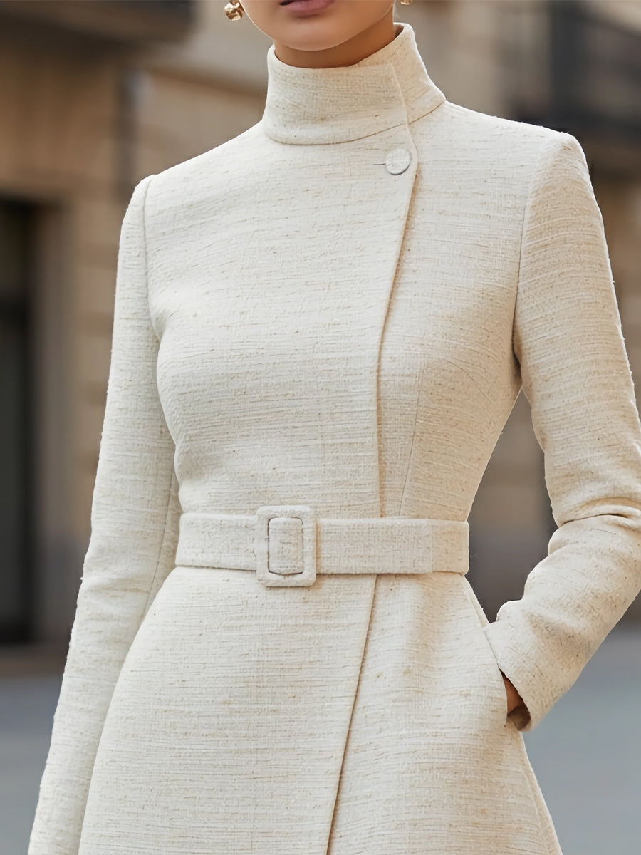 Clarissa - Abito Donna Lana Collo Alto Cintura Bianco