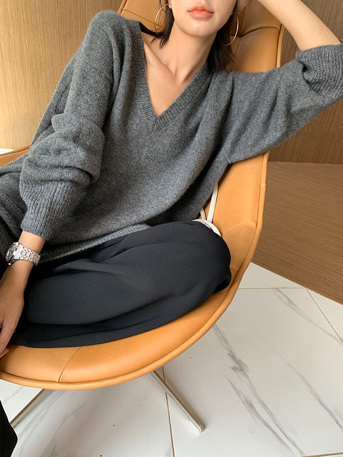Cristiana – Maglione Donna in Maglia con Scollo a V Grigio scuro