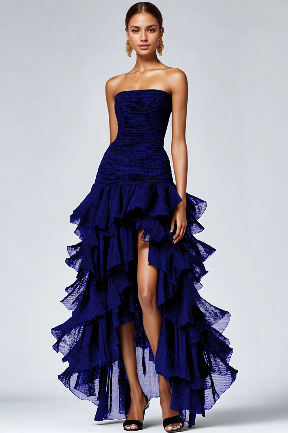 Ursina - Abito formale nero in tulle con volant donna