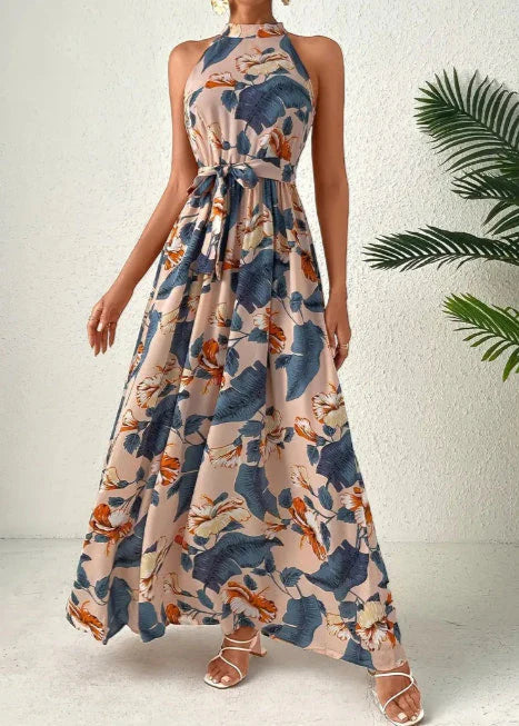 Diamante - Abito a Vita Alta con Stampa Boho e Maniche Lunghe Blu Navy