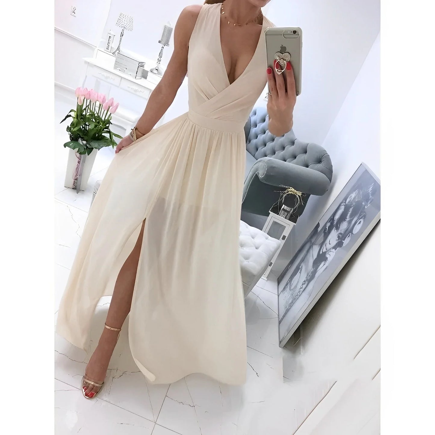 Dorotea - Abito Maxi Bianco Senza Maniche con Bottoni in Legno Albicocca