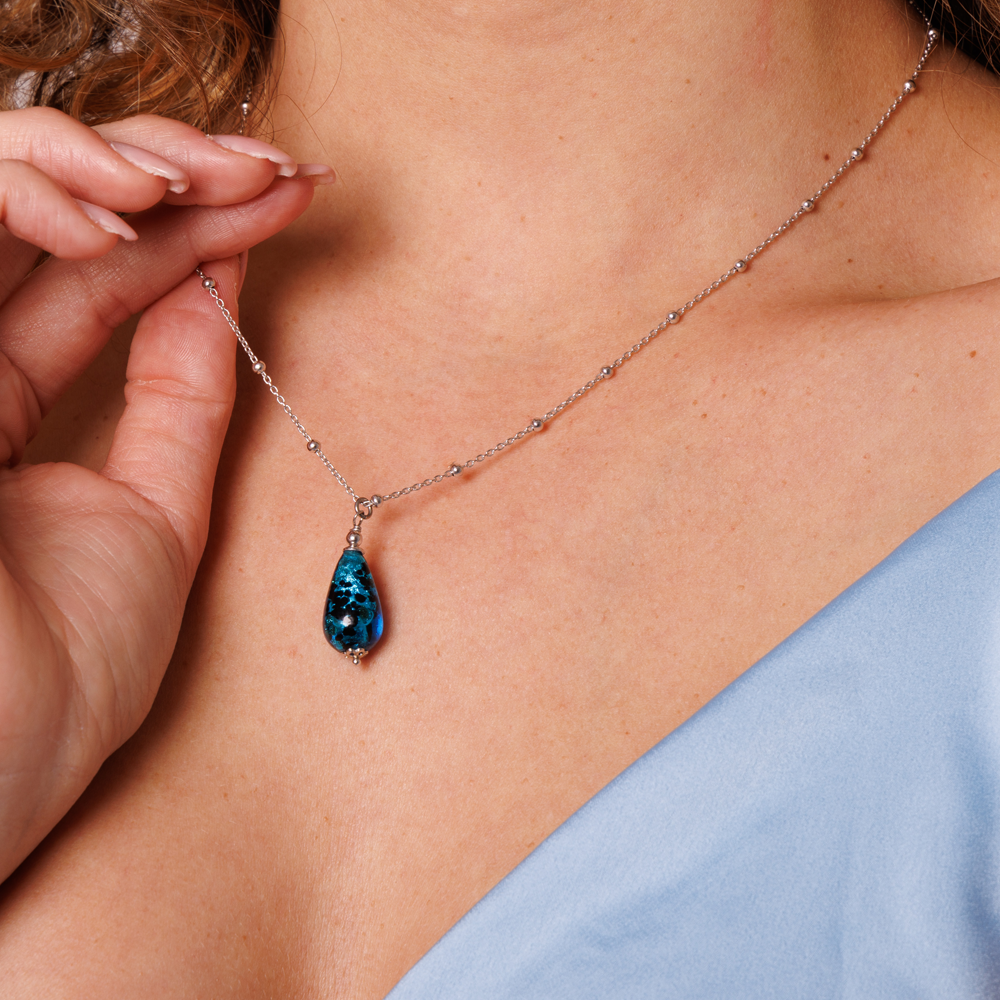 Livita - Collana Pendente Goccia Murano Azzurro Argento