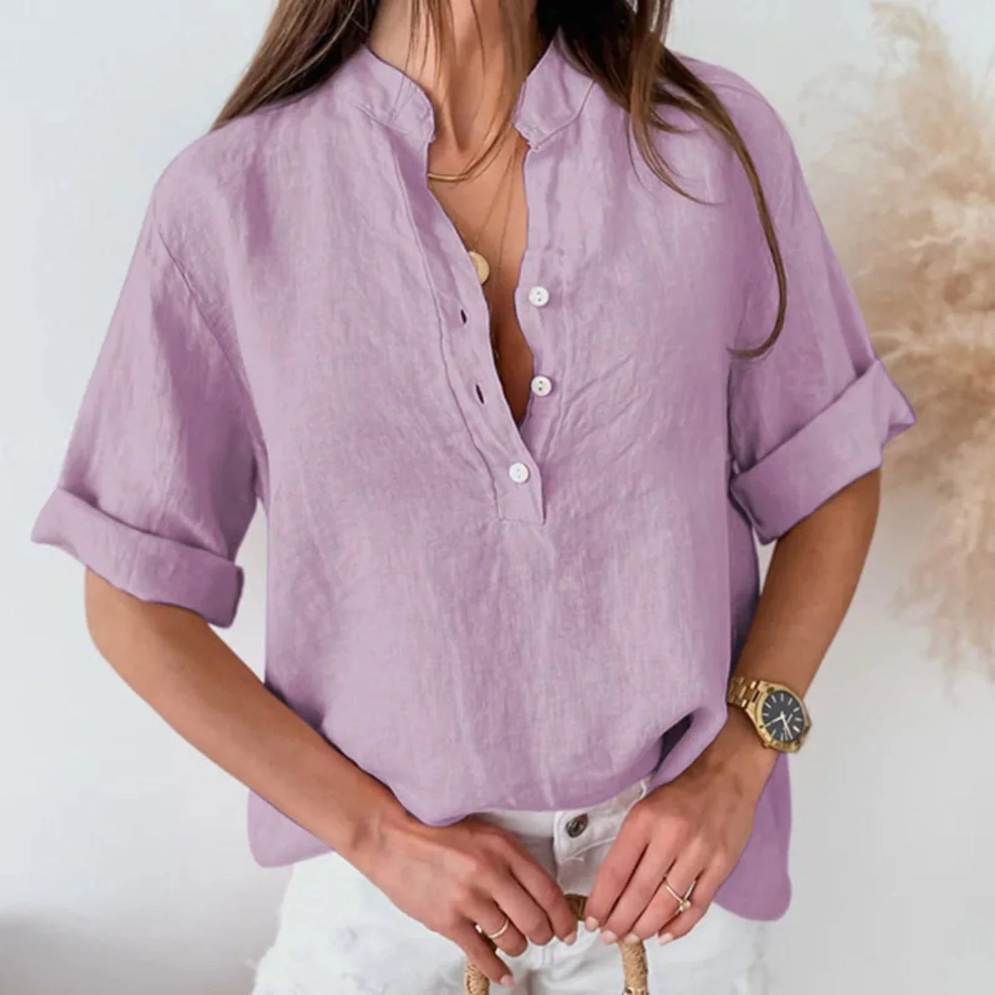 Elda – Blusa in Lino con Collo Alto per Donna Lila